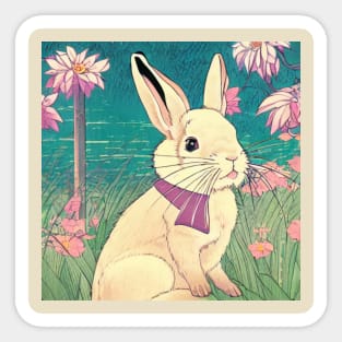 Flowers of Lotus with Cute Bunny Rabbit Vintage Cottagecore Animal Pet Sticker